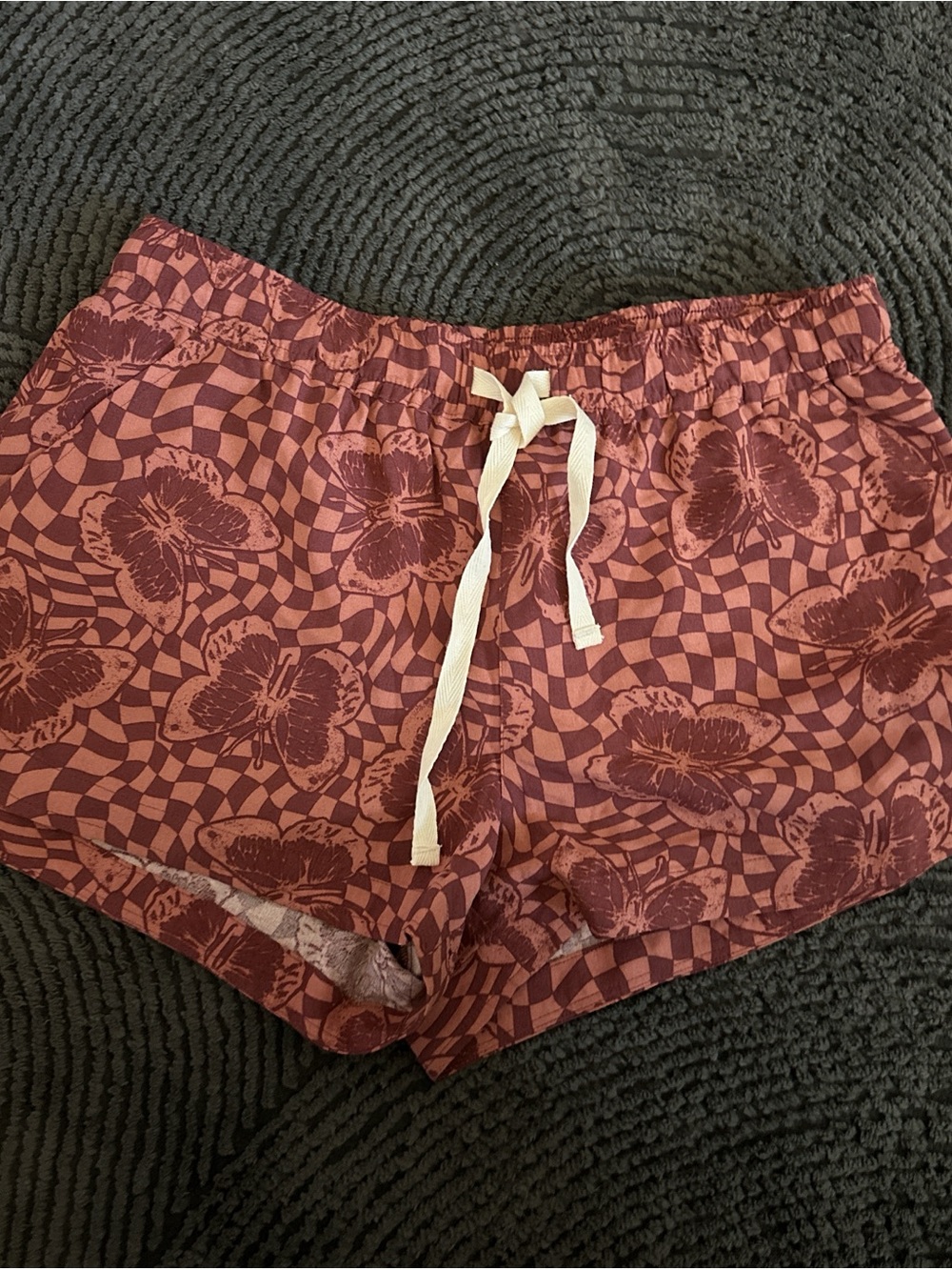 Women’s Floral Check Drawstring Shorts - Burgundy